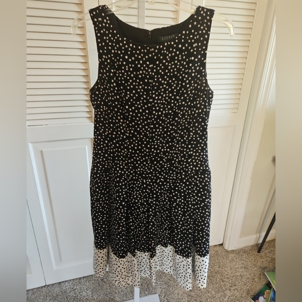 Ralph Lauren Dress Womens 8 Black White Polka Dot Midi Sleeveless Lined Pleated